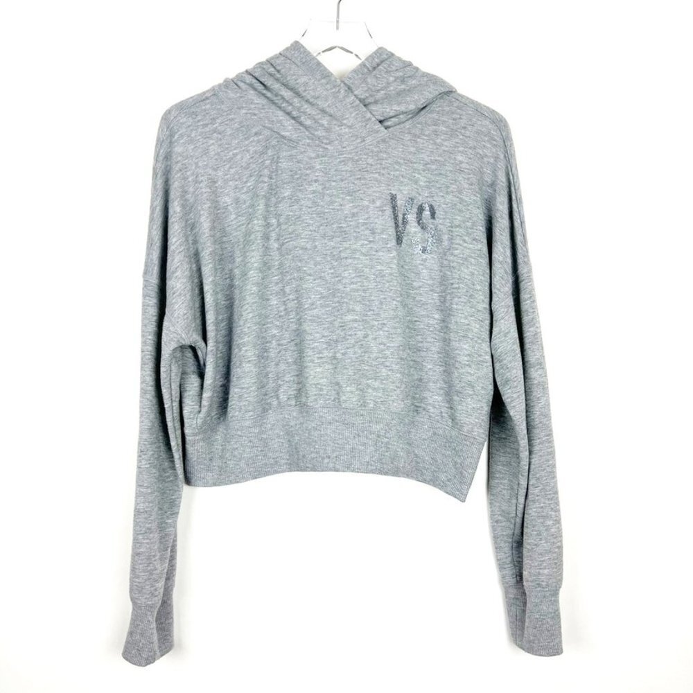Victoria's Secret Cropped Sweatshirt Women's Large Grey Pink Velvety Lined Hood
